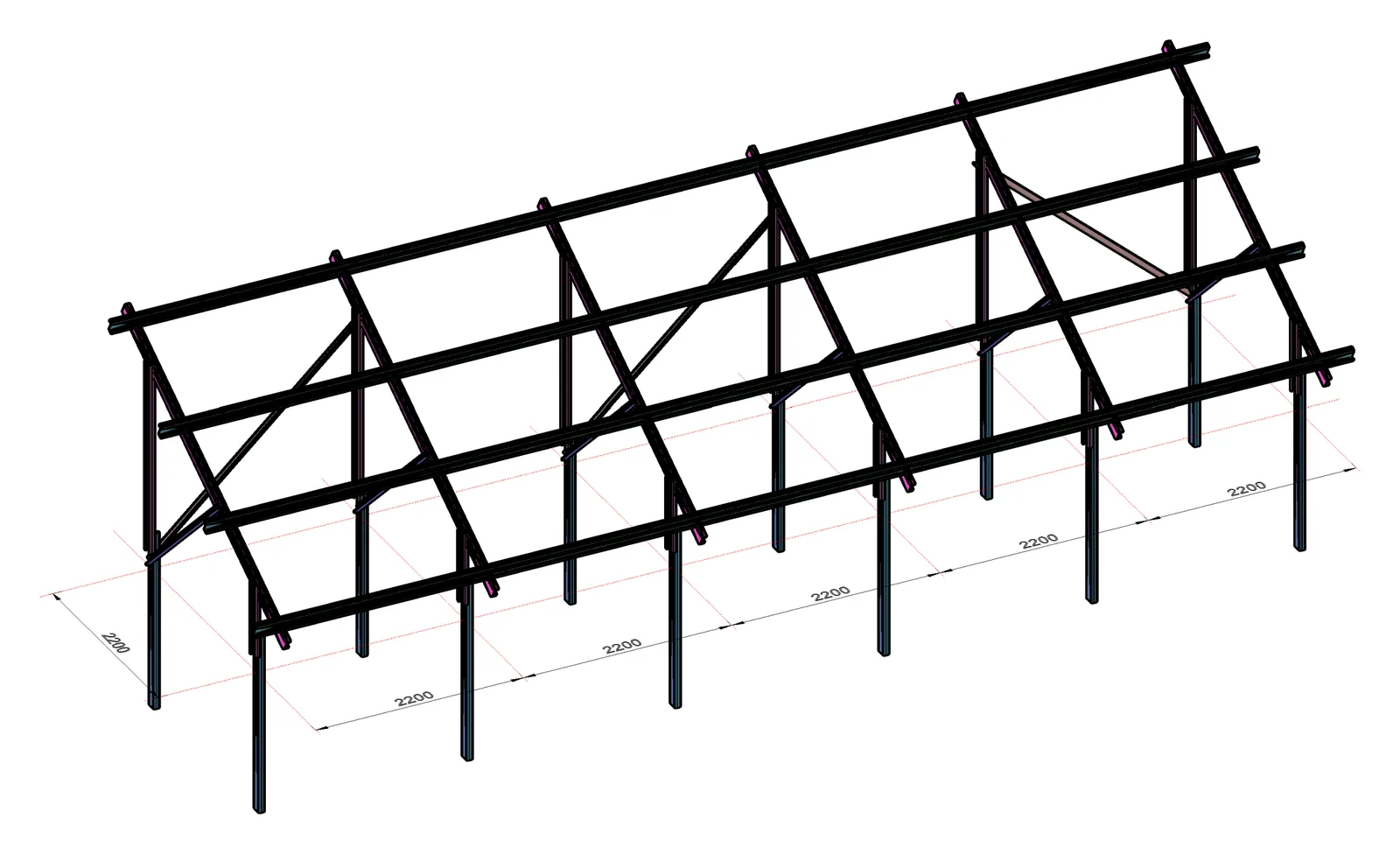 Concept ilustrativ: structură metalică fixă pe două rânduri, vedere 3D
